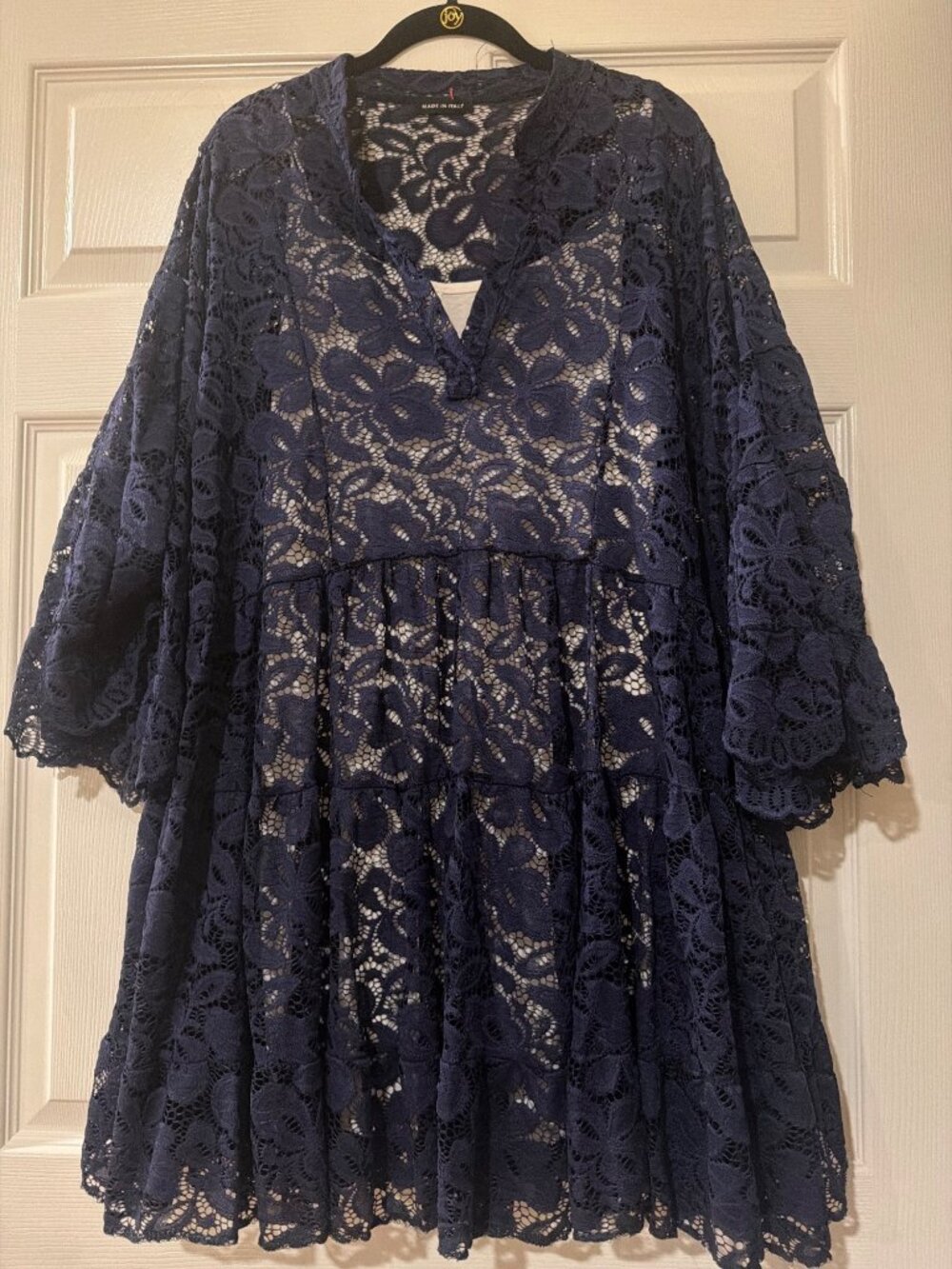 Navy Blue Lace Tiered Dress With Flared Sleeves & Floral Pattern - Made In Italy